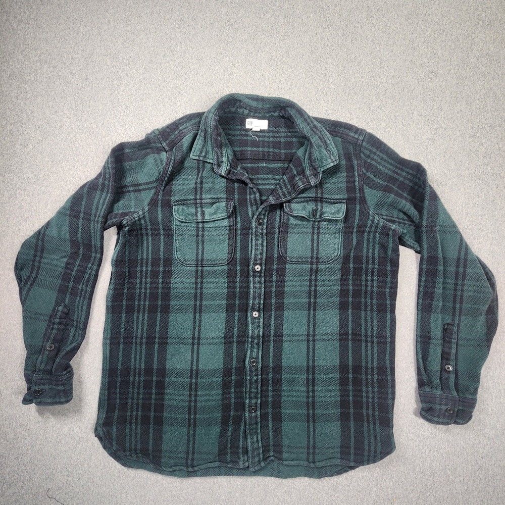 Gap Flannel Shirt Mens Large Green Good Plaid Standard Fit Cotton Button Down
